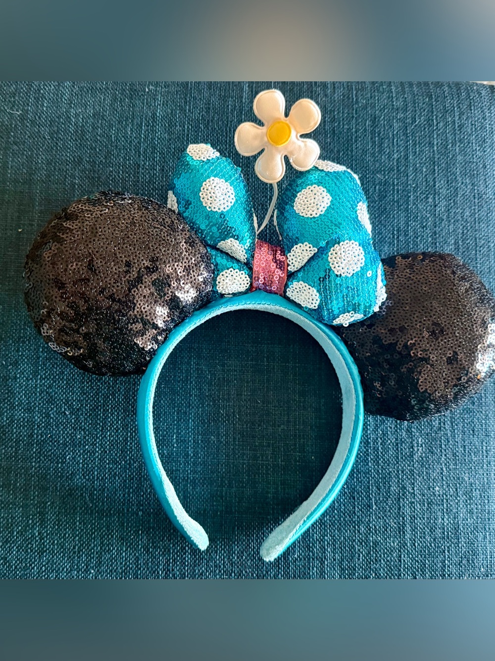 Disney Turquoise Polka Dot Minnie Mouse Sequin Ear Headband with Daisy